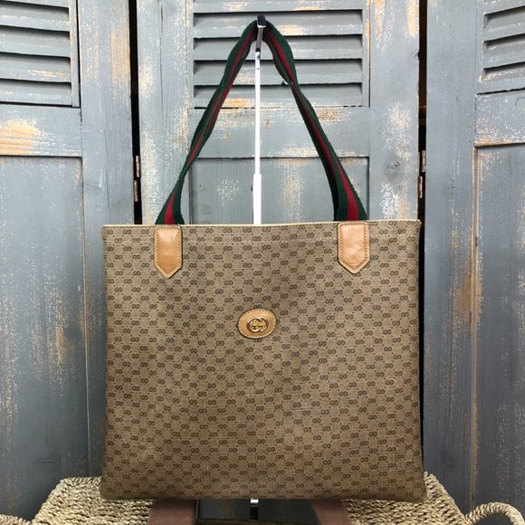 Gucci Handbags - Gucci Vintage Micro GG Canvas Sherry Line Web Tote Bag